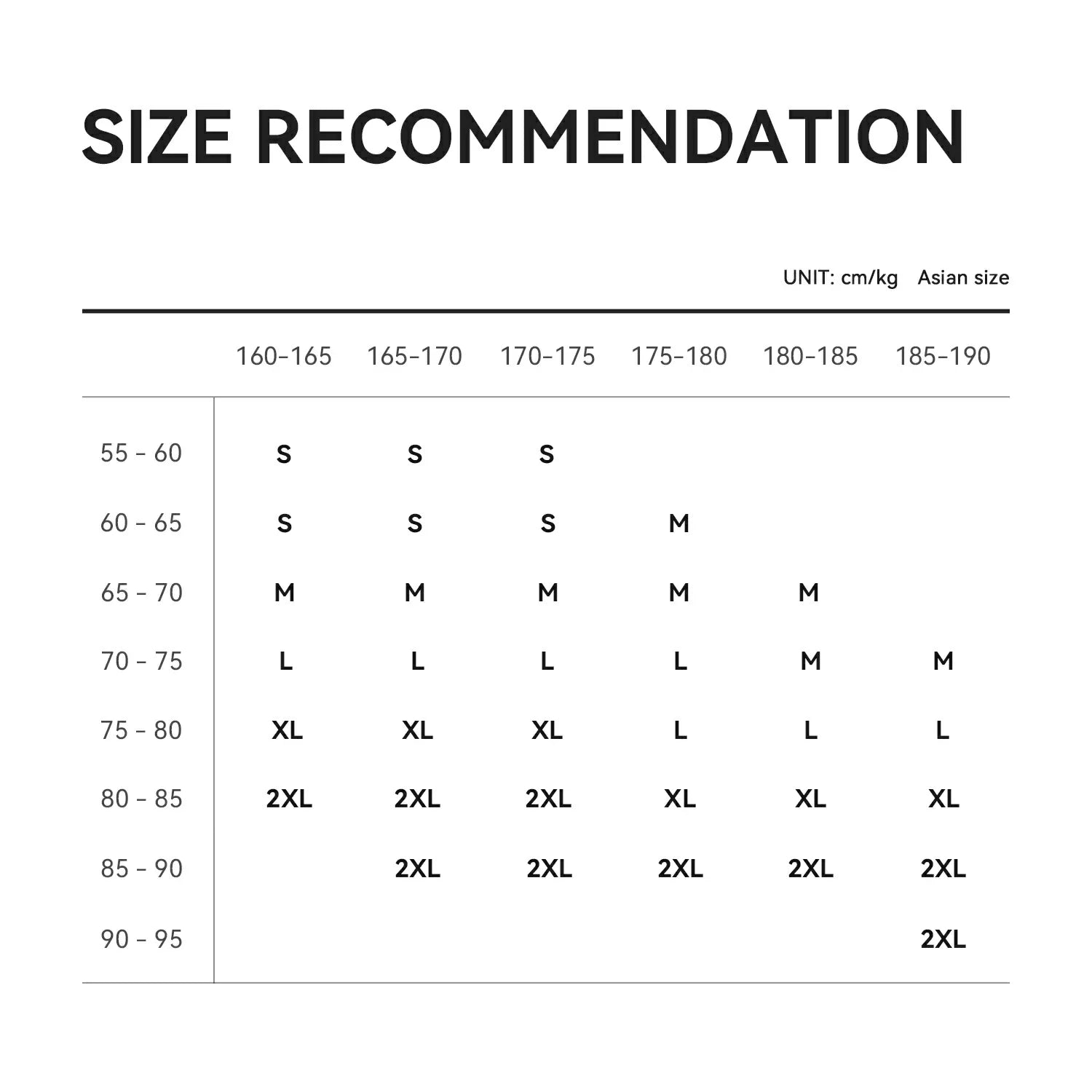 Size recommendation chart for clothing with height and weight ranges.
