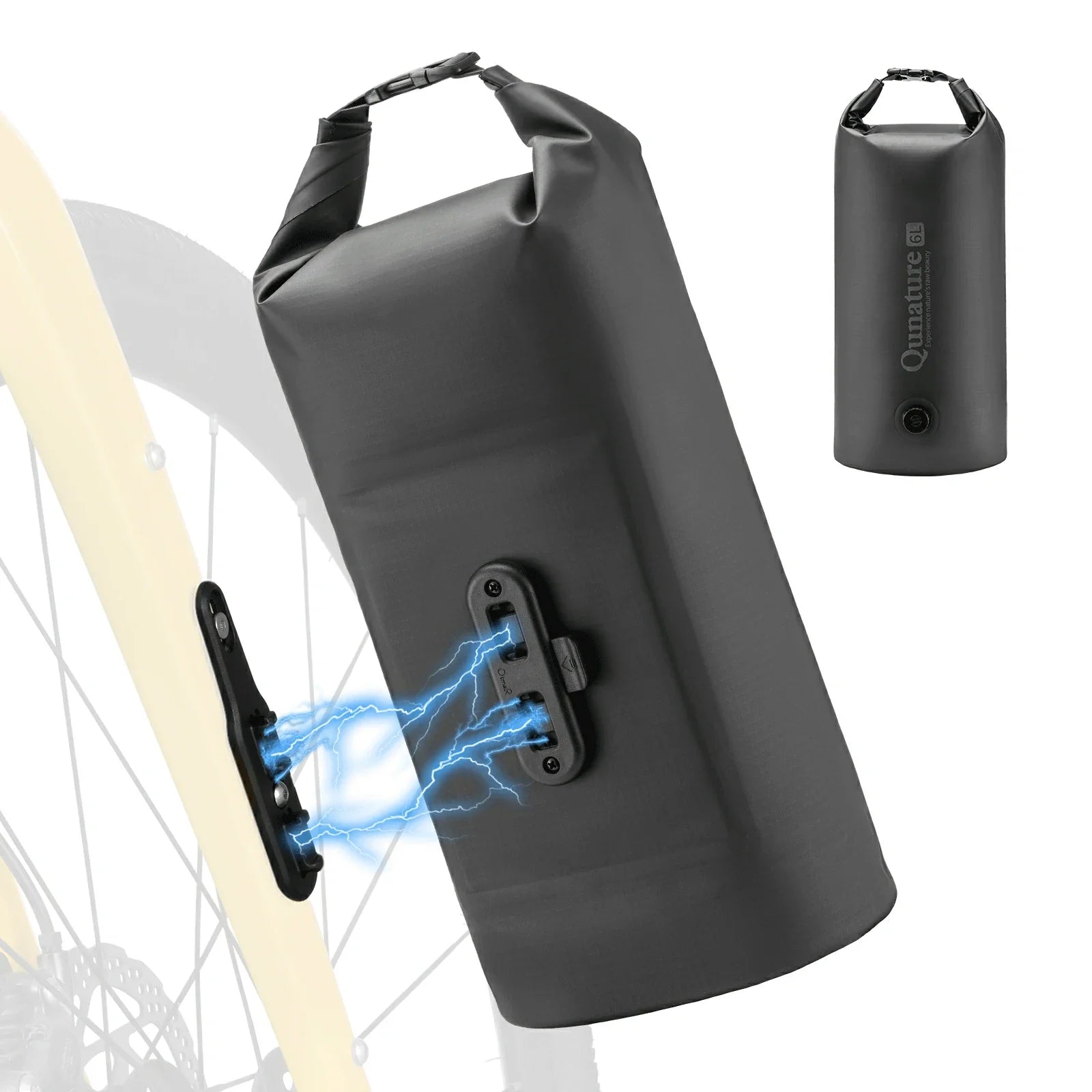 Black dry bike bag with a lightning bolt graphic on a white background