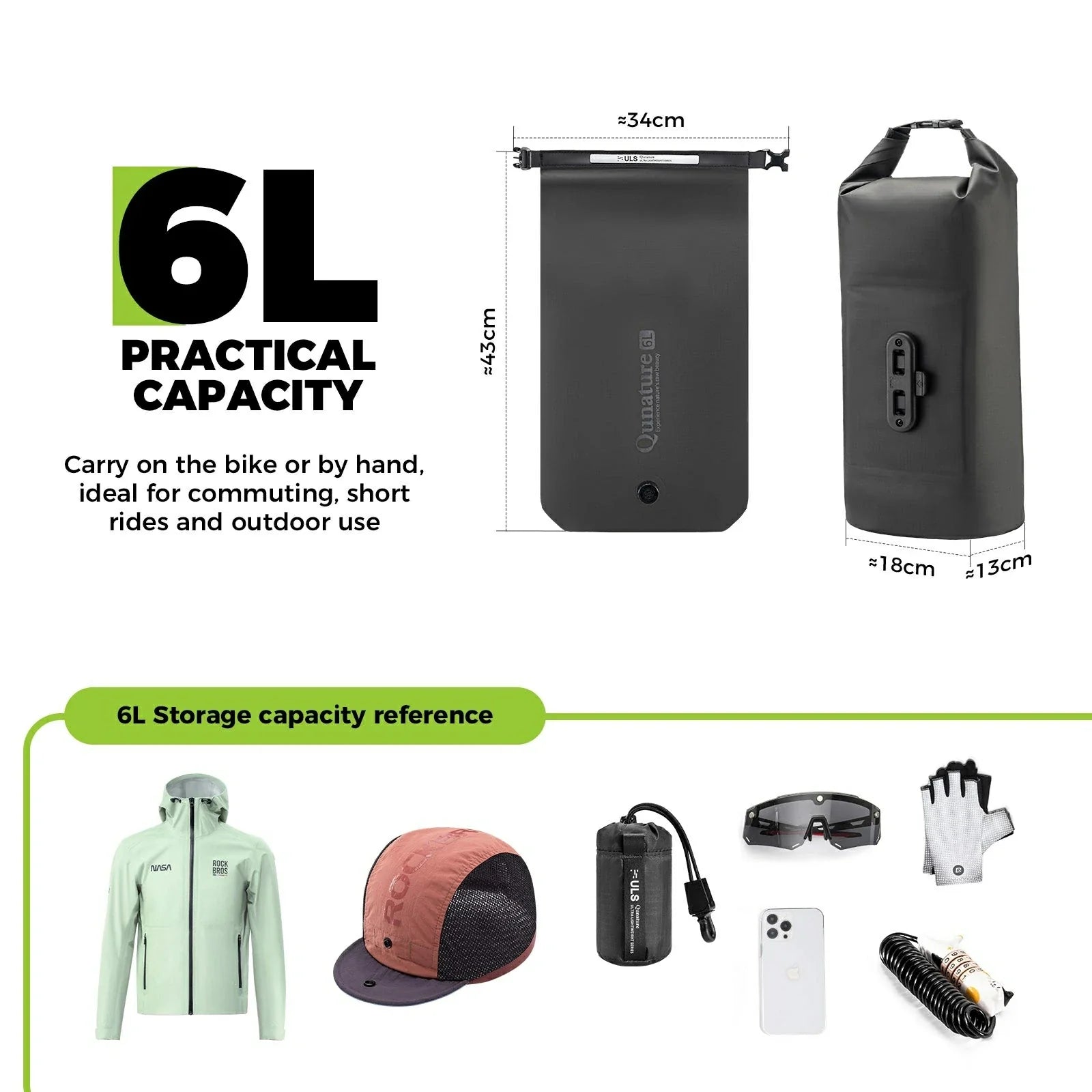 Black dry bag with dimensions and capacity details, shown with various items it can hold.