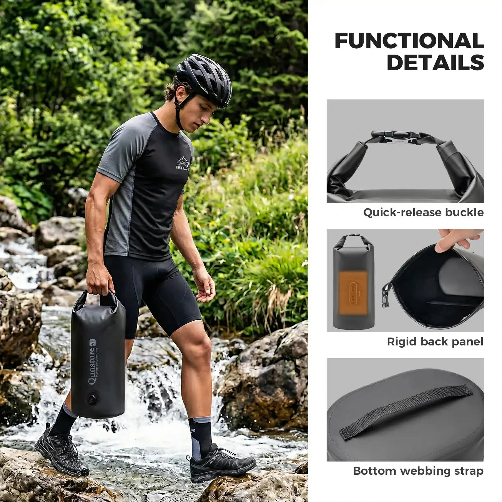 Man wearing a helmet and carrying a black water filter while hiking through a stream, with product features displayed on the right.