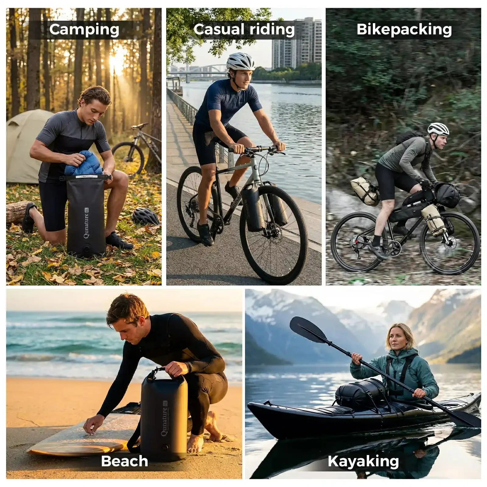 Collage of people engaging in various activities with a camping, casual riding, bikepacking, strand, and kajakfahren theme.