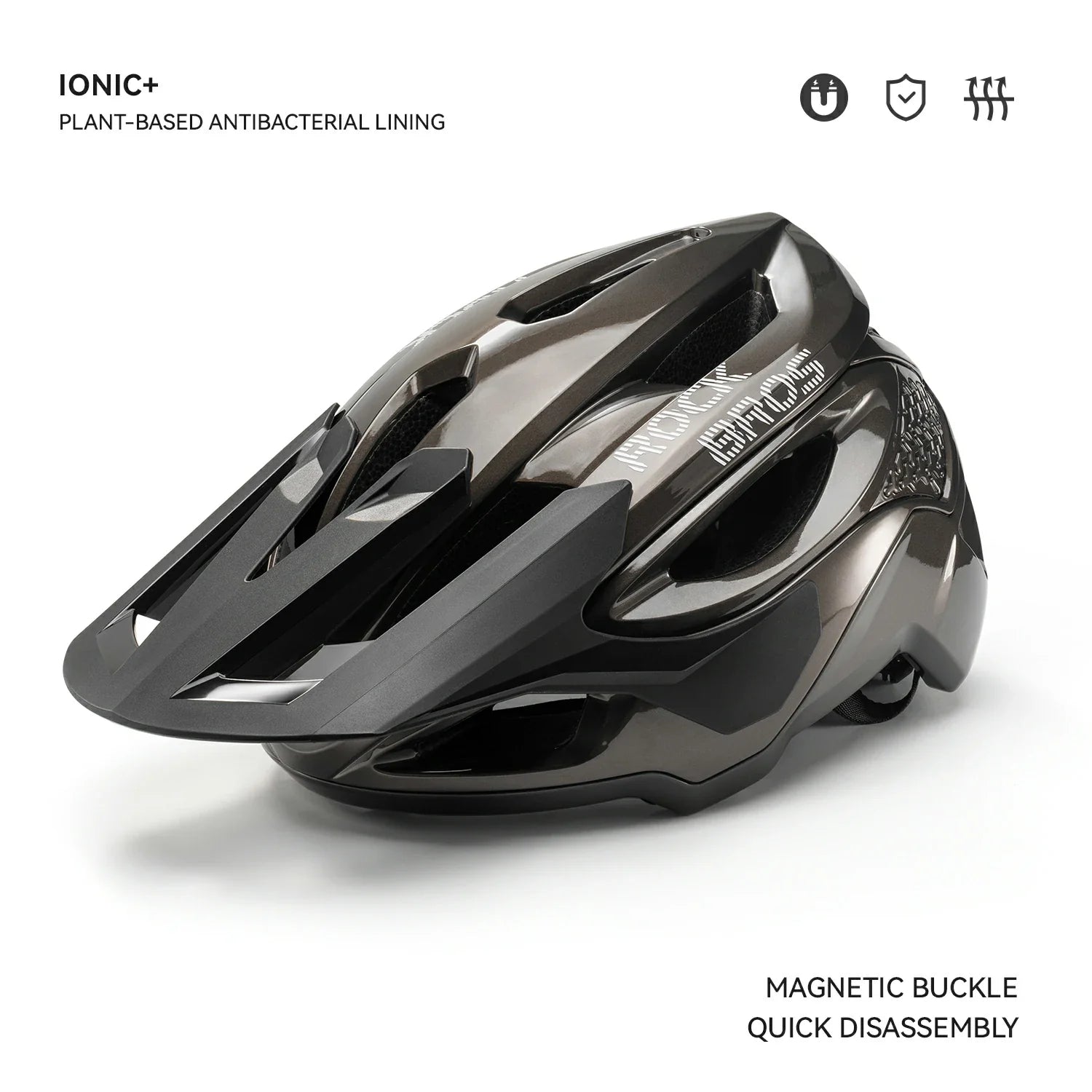 Black helmet with text indicating plant-based antibacterial lining and magnetic buckle on a white background #Color_Titanium