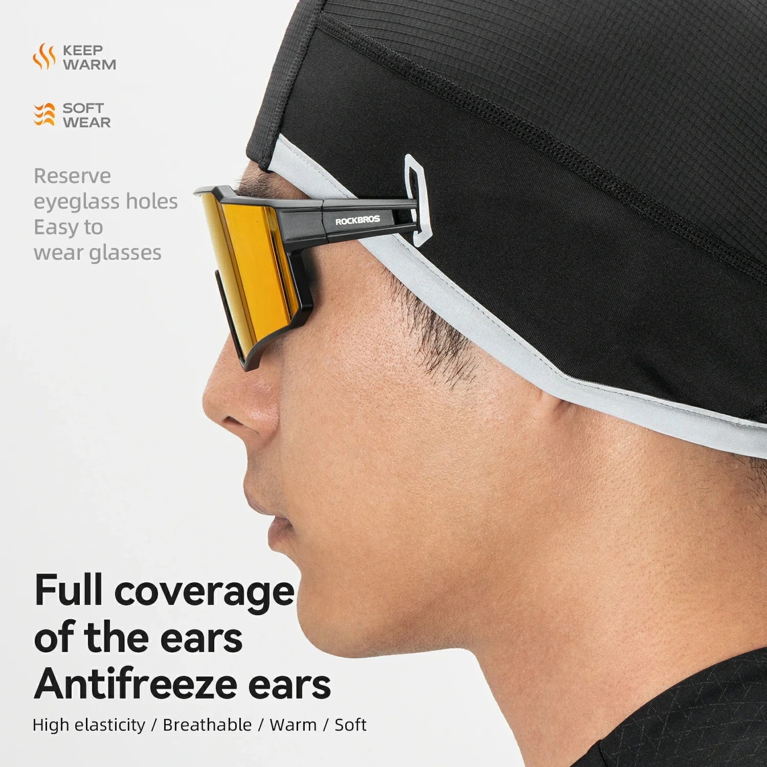 Person wearing a black cap with eyeglass holes and yellow goggles, with text highlighting features.