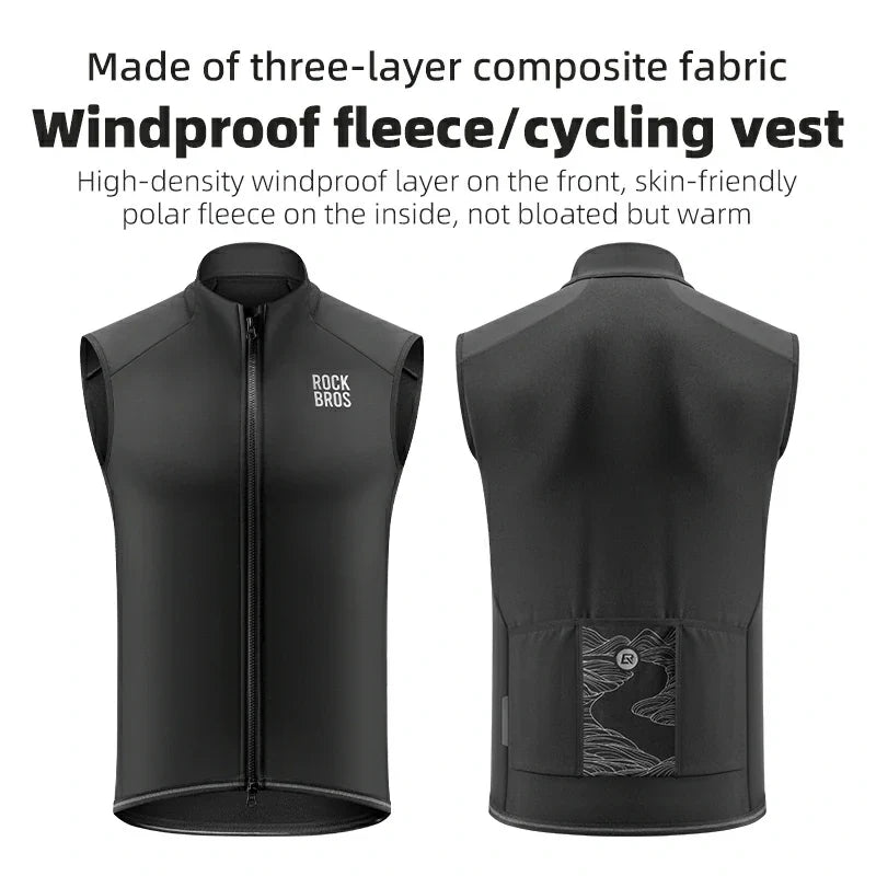 Black windproof cycling vest with front and back views on a white background