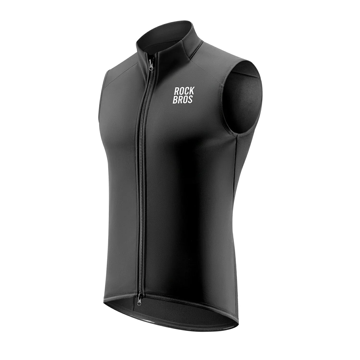 Black sleeveless jacket with a zipper on a white background, featuring the brand 'RockBros'.#color_black