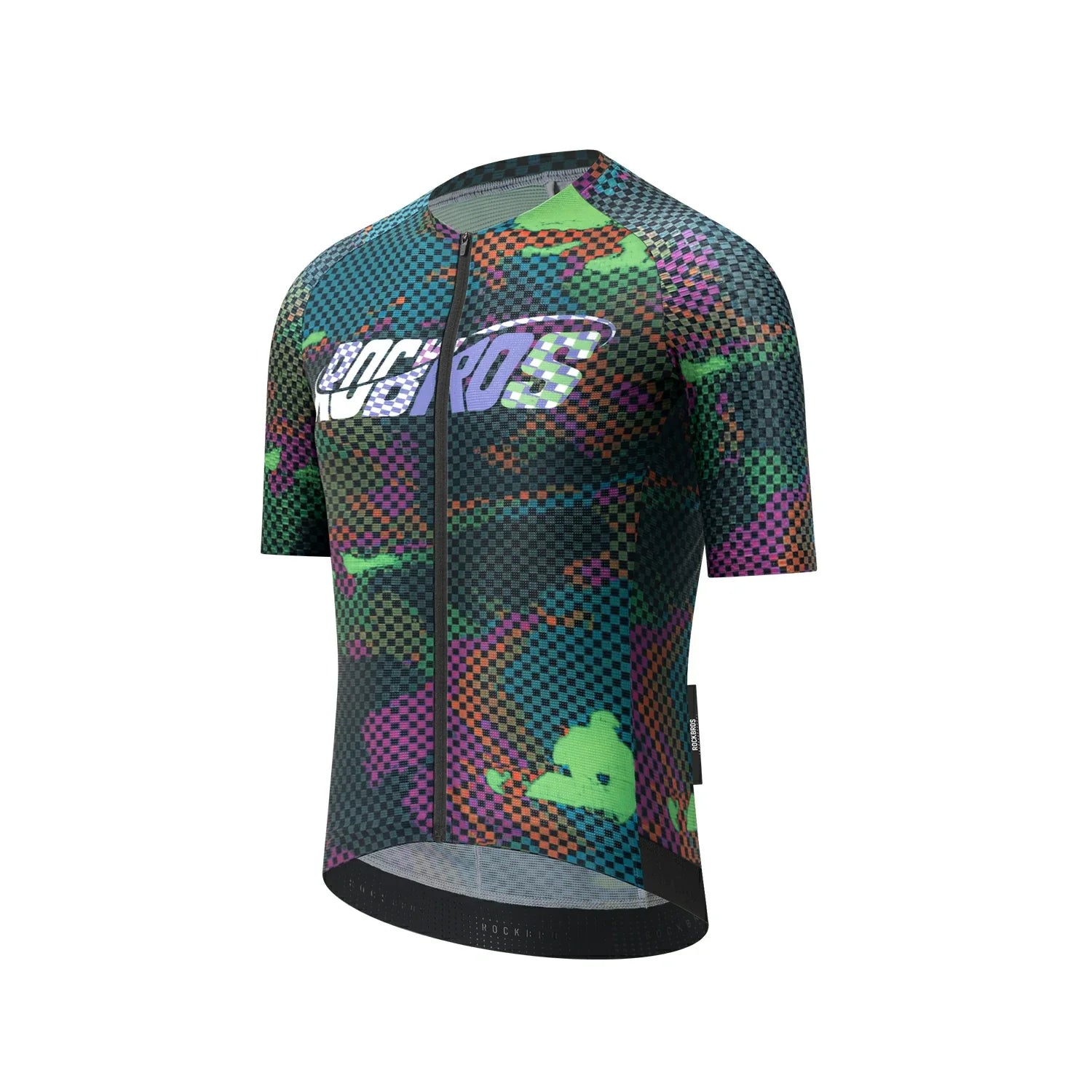Colorful cycling jersey with geometric pattern on a white background