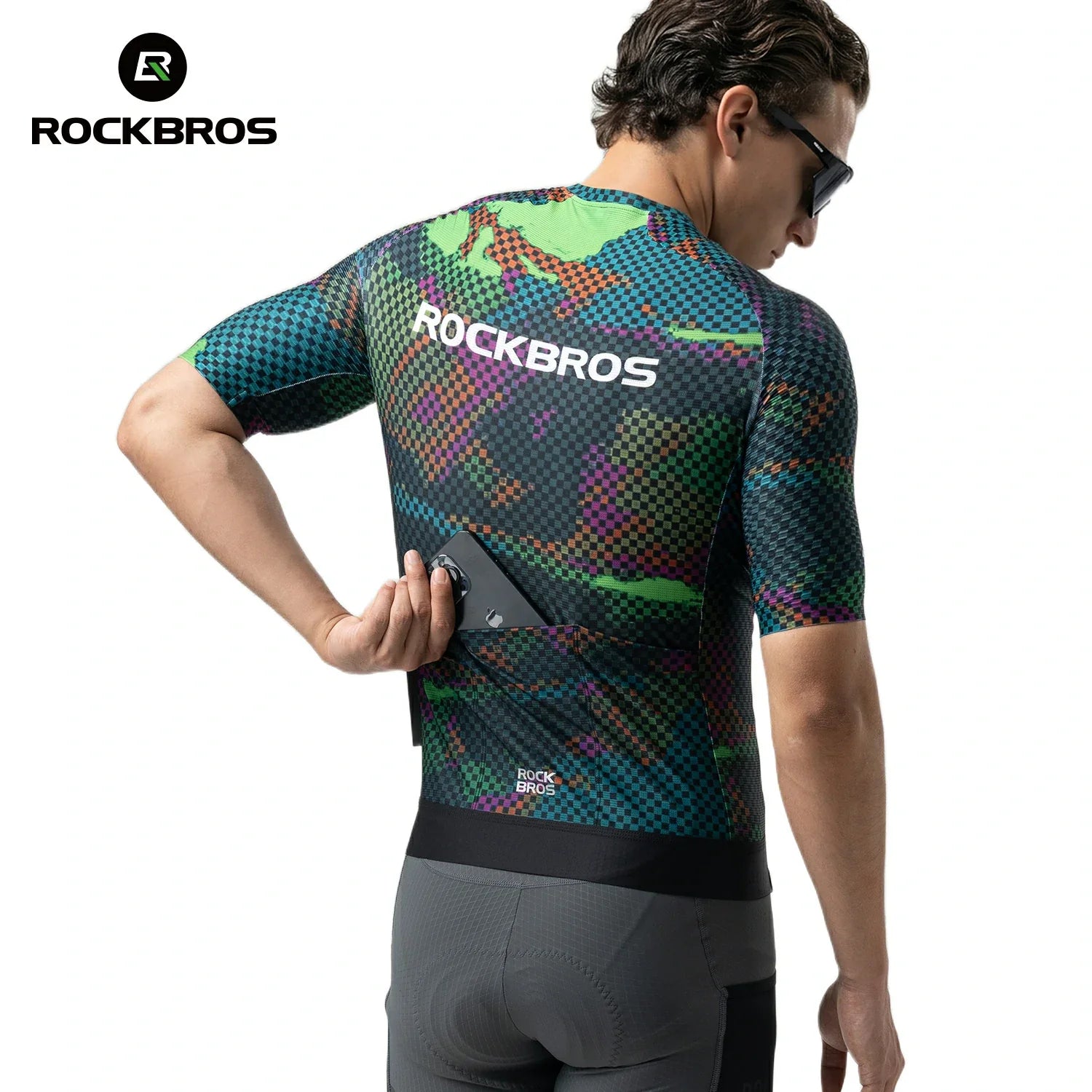 Person wearing a colorful cycling jersey with 'RockBros' branding on a white background