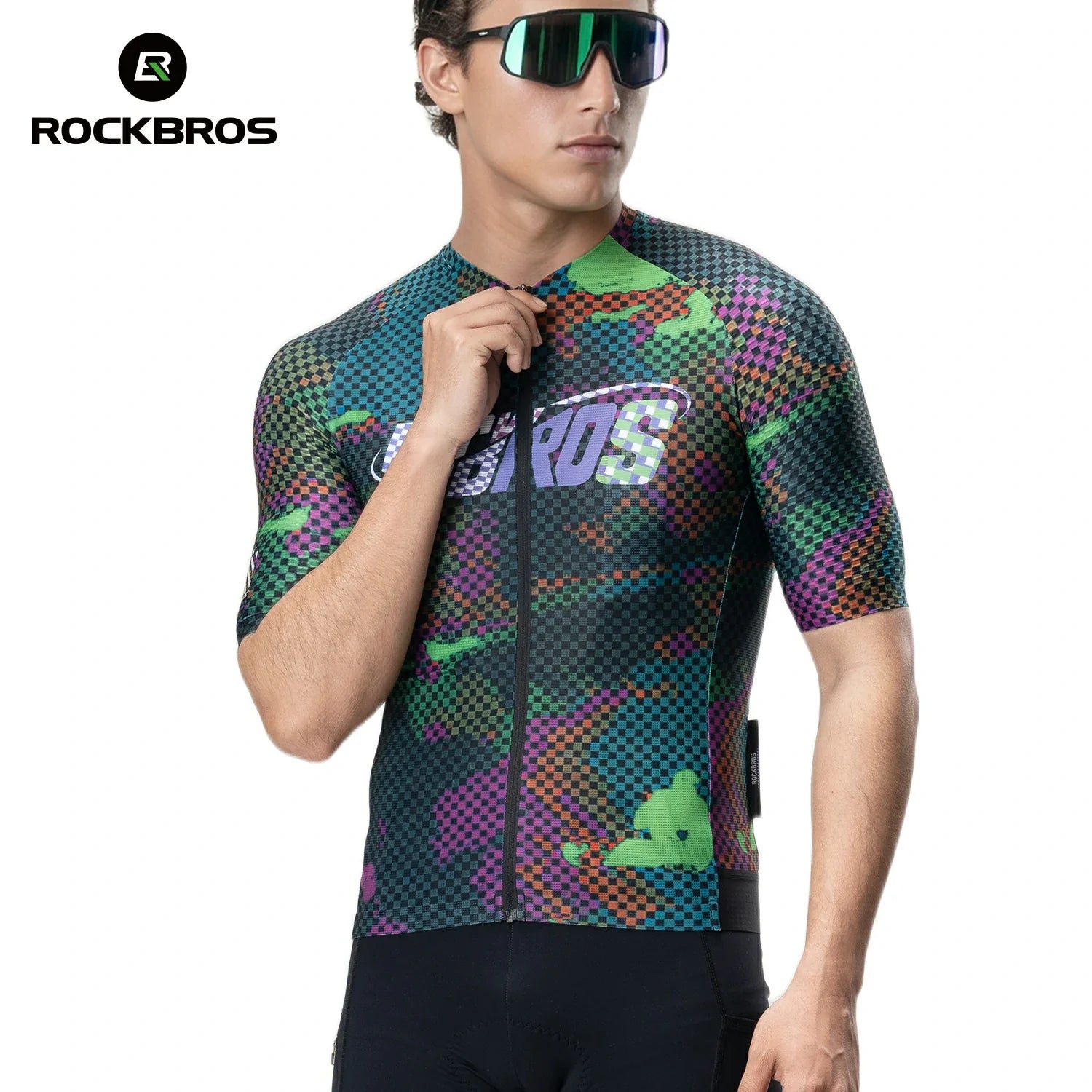 Person wearing a colorful cycling jersey with 'RockBros' branding on a white background