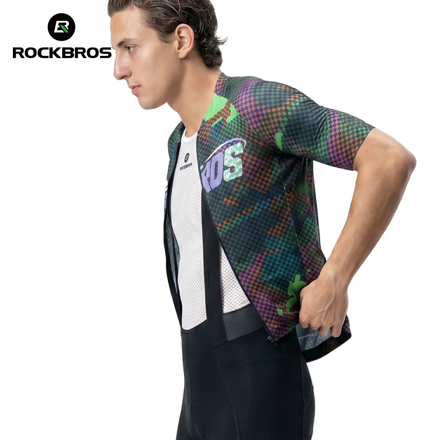 Man wearing a colorful jacket with 'ROCKBROS' branding on a white background