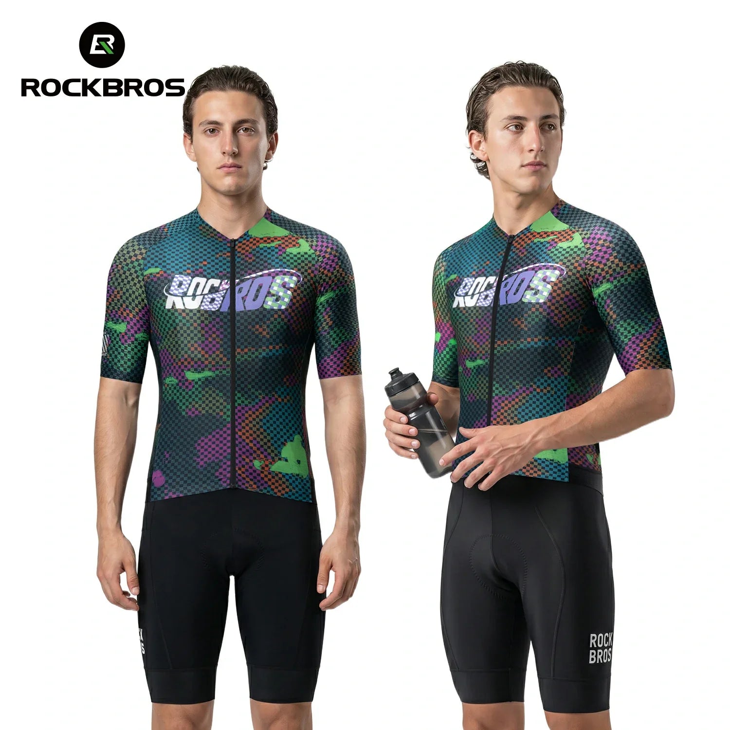 Two models wearing colorful cycling jerseys and black shorts with 'RockBros' branding.