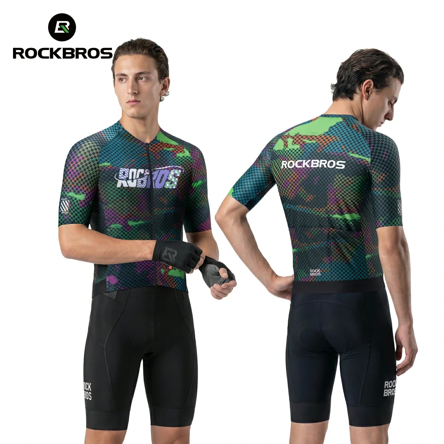 Cycling outfit with colorful design and 'RockBros' branding on a white background