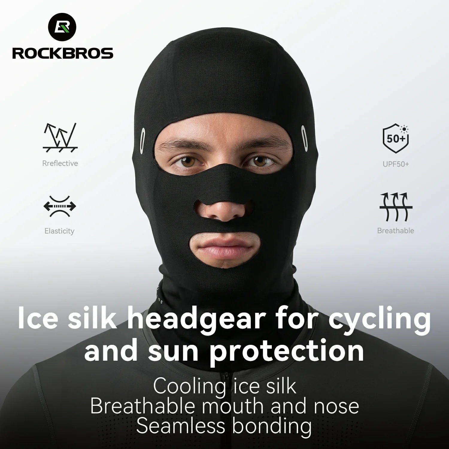 Person wearing a black ice silk headgear with product features highlighted on a white background.