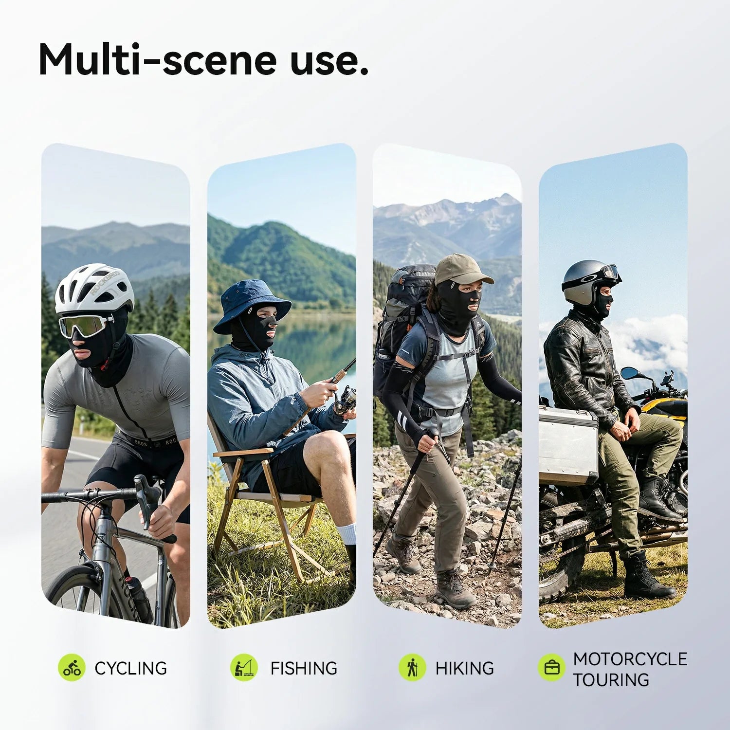 Person wearing a helmet in various outdoor activities with text 'Multi-scene use' and icons for cycling, fishing, hiking, and motorcycle touring.