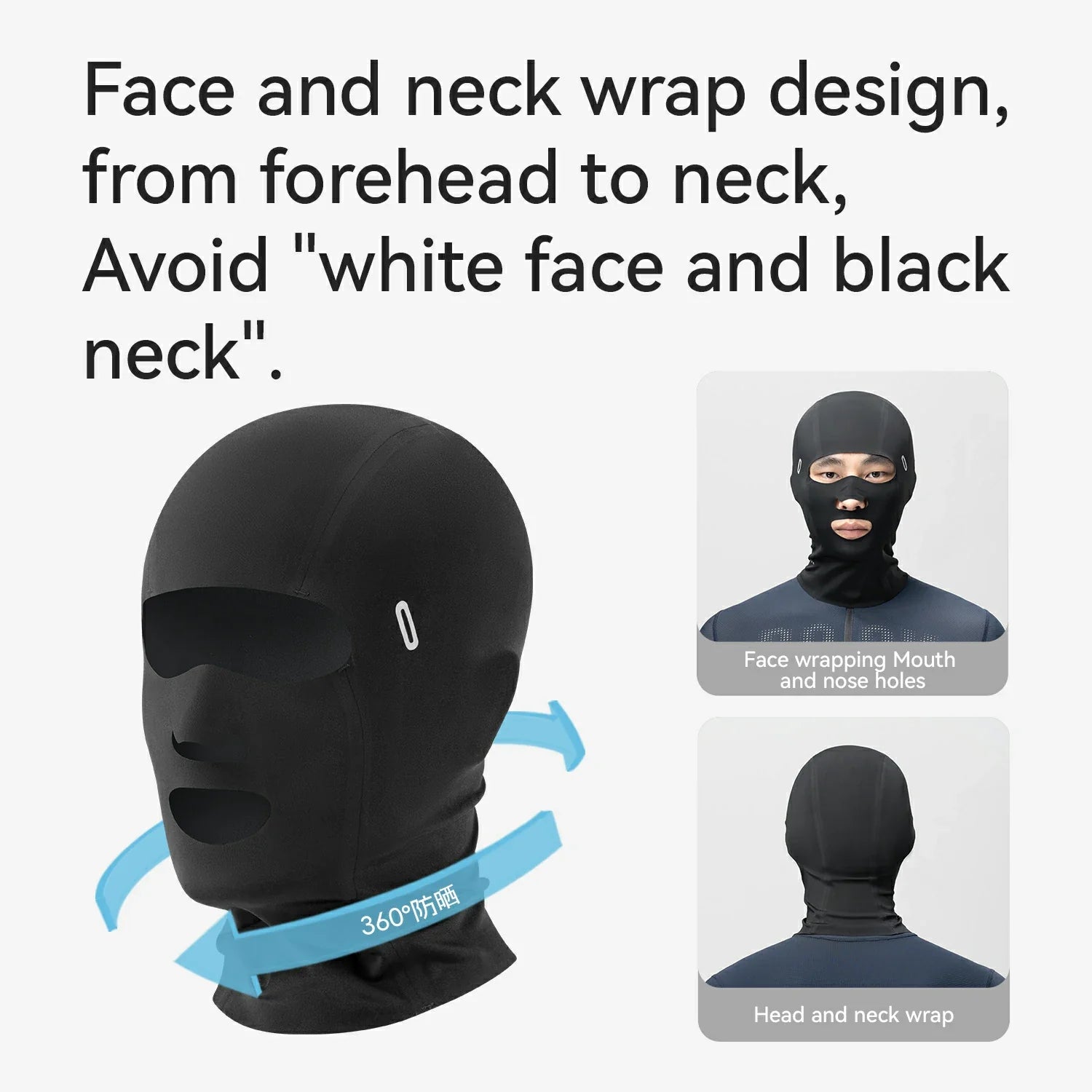 Black face and neck wrap with text on a white background