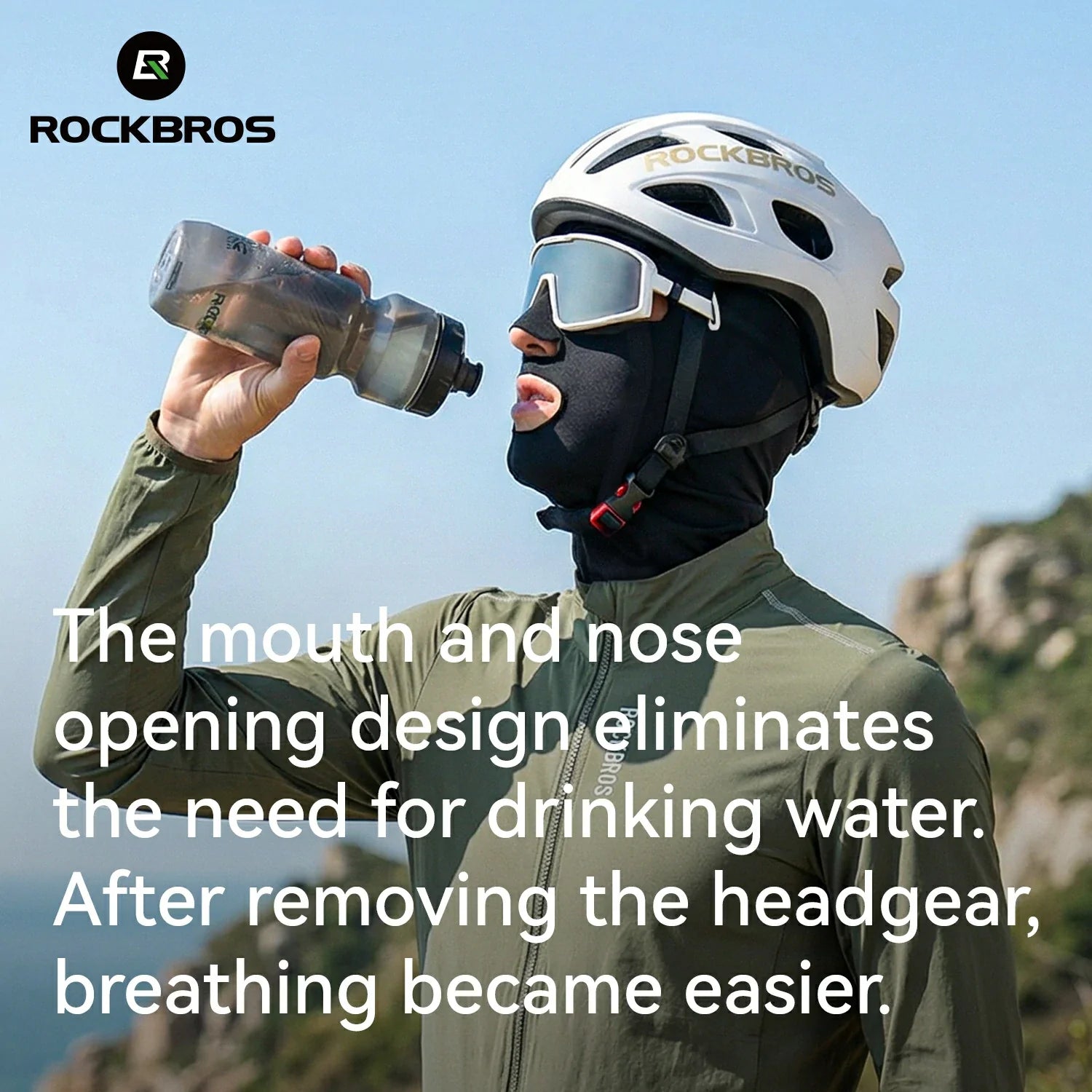 Person wearing a ROCKBROS helmet and face mask, drinking water with text about product features.